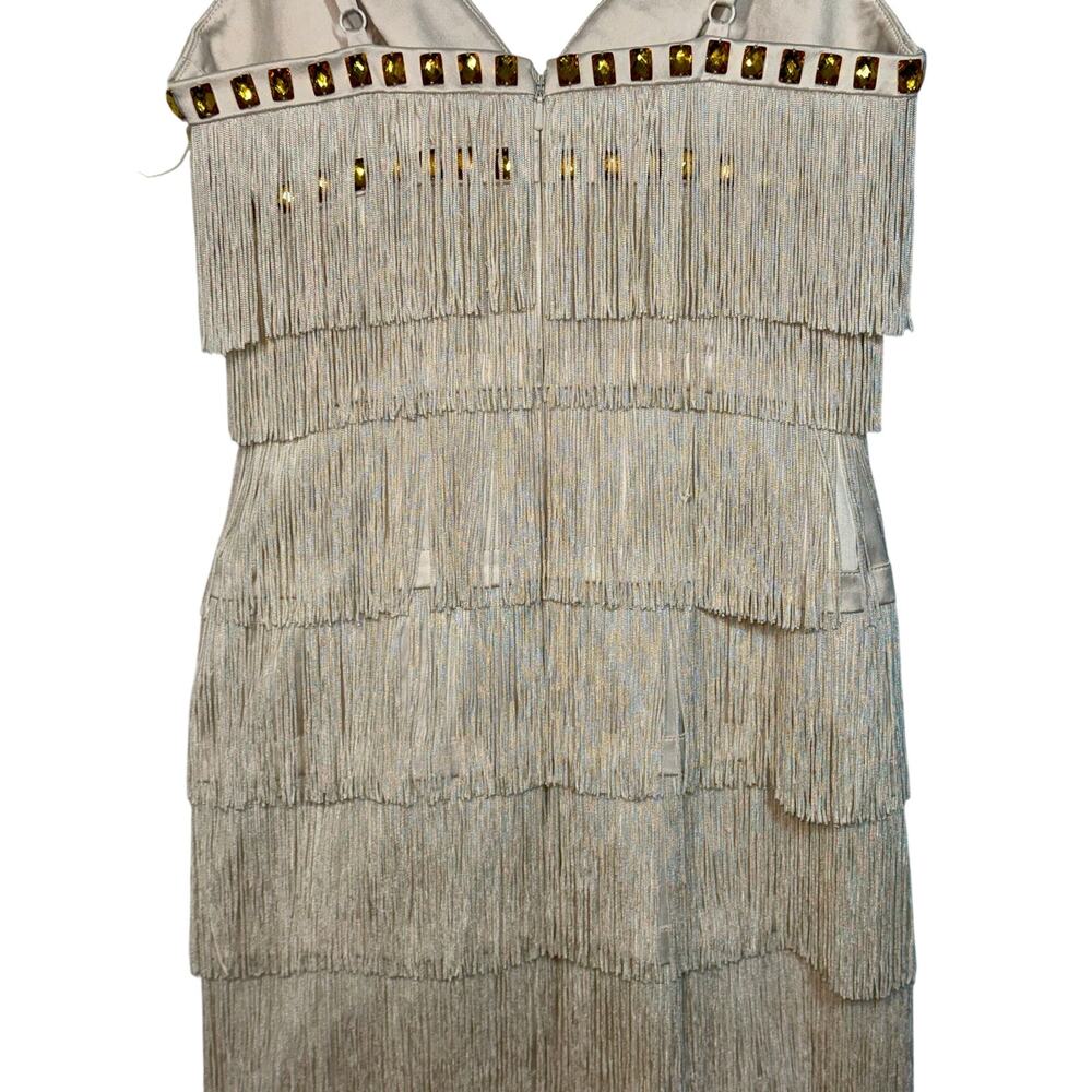 NWT Mandalay Cream Ivory Gold Beaded Fringe Midi Evening Cocktail Dress Womens 6 - Picture 8 of 16